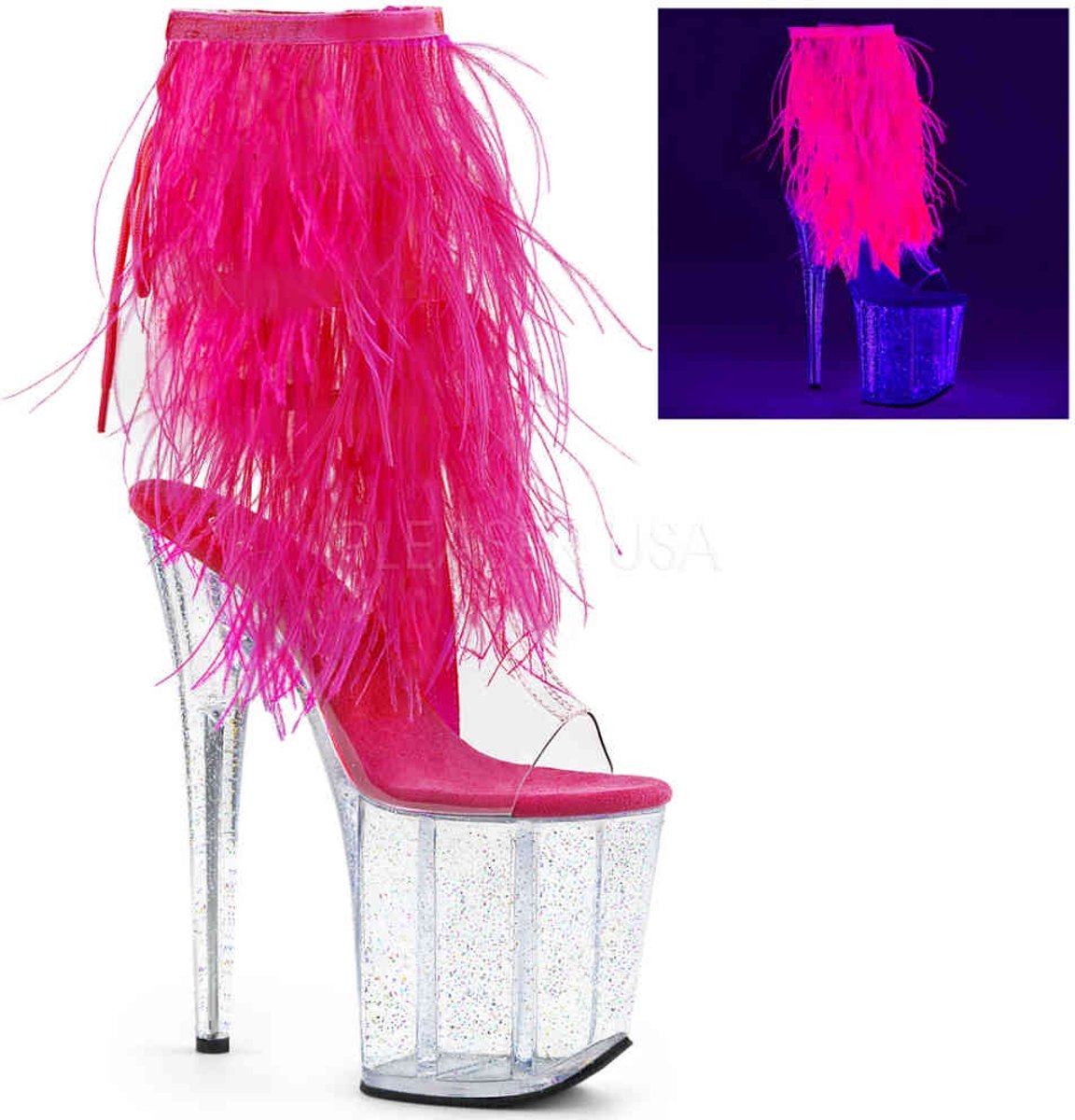 EU 39 = US 9 | FLAMINGO-1017MFF | *8 Heel, 4 PF Marabou Fur Fringe Ankle Boot, Side Zip